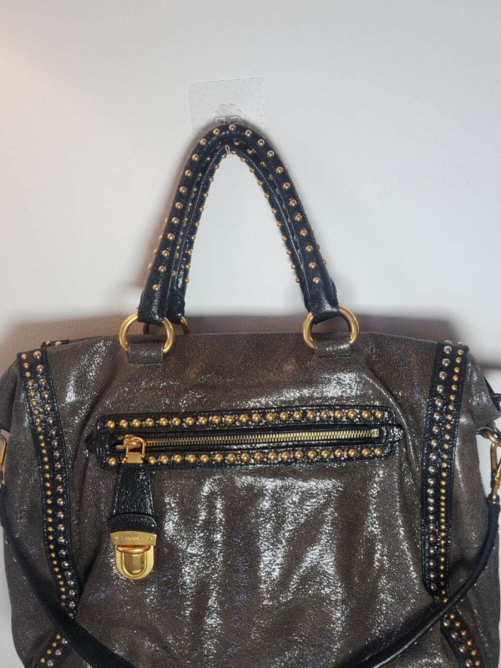 34. Prada Metalic grey studded zip top satchel top handle bag - Picture 2 of 11
